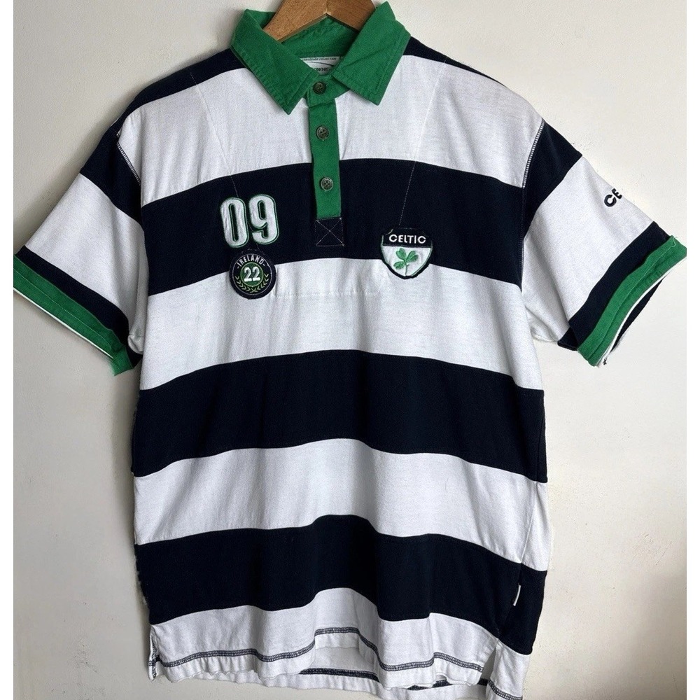 Lansdowne Celtic Rugby Shirt Mens Large Green White Striped Patch Preppy Polo